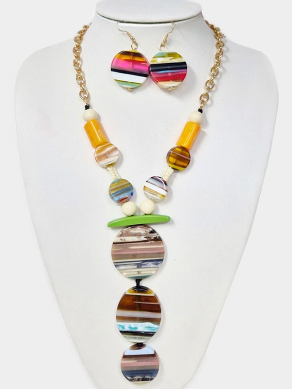Abstract Fall Colors Pattern Geometric Resin Beaded Statement Necklace Earrings - Picture 4 of 5